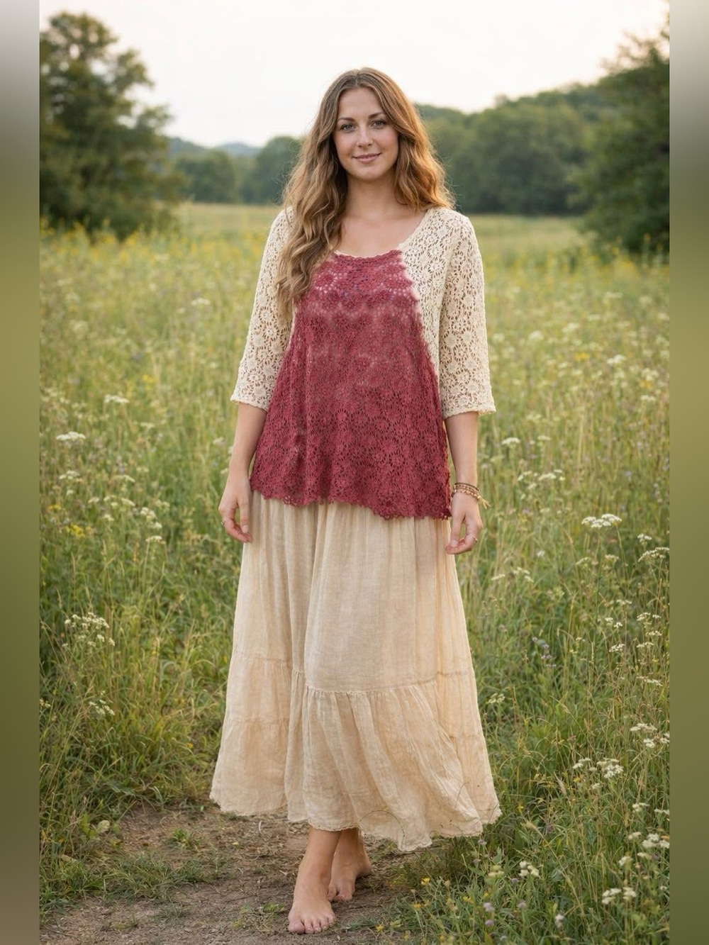 We the Free - Crochet Colour block top with 3/4 sleeves. Medium P2P 26”